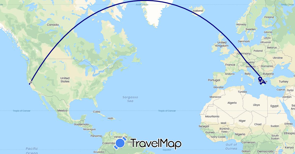 TravelMap itinerary: driving, plane in Germany, Greece, United States (Europe, North America)