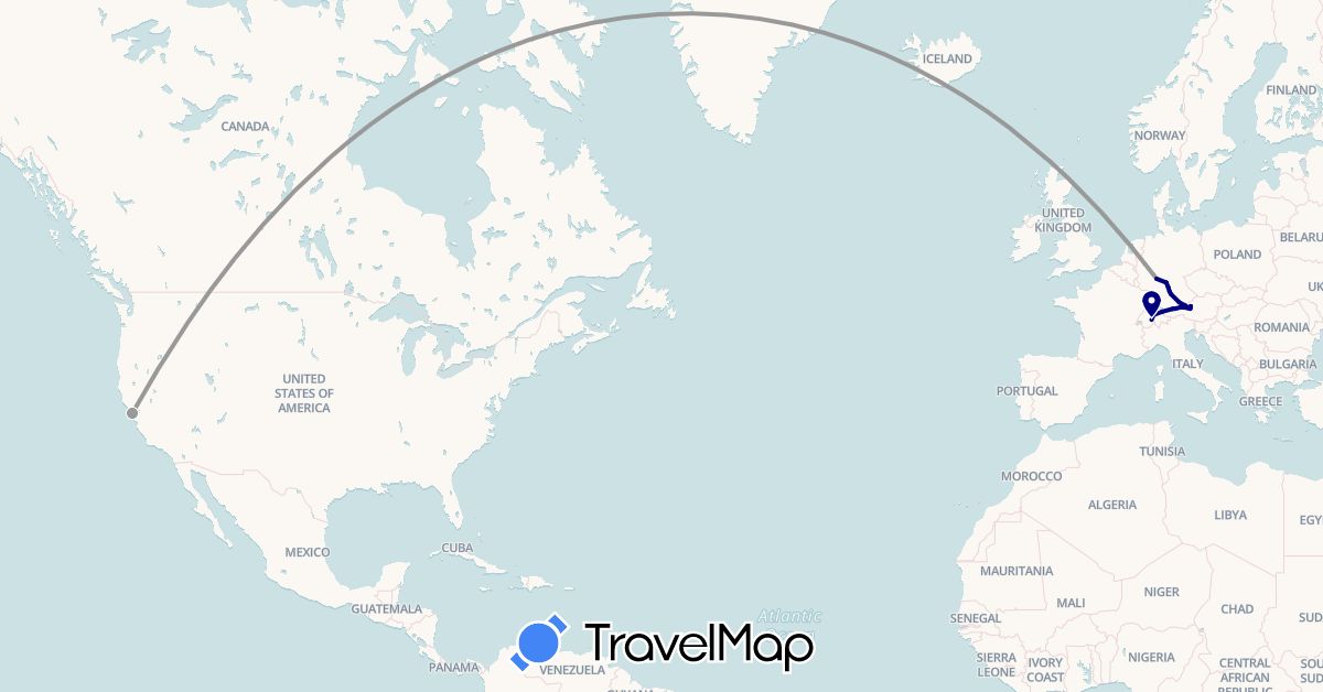 TravelMap itinerary: driving, plane in Austria, Switzerland, Germany, United States (Europe, North America)